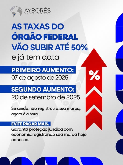 As novas taxas do INPI já entraram em vigor no ultimo dia 07 de agosto, ira acontecer novo aumento dia 20 de setembro, nao pague mais carro pelo seu registro, registre a sua marca antes do proximo aumento do INPI, fale com a Aybores marcas e patentes.
